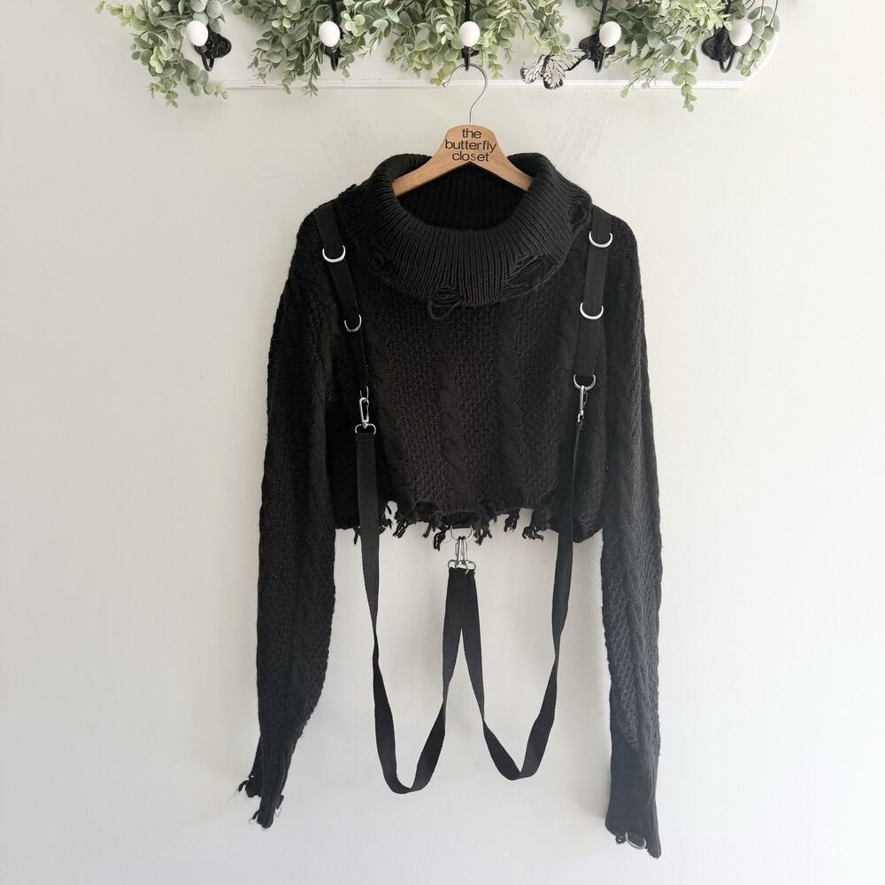 Killstar "Rip Me Apart" black distressed knit cowl-neck sweater XL goth grunge